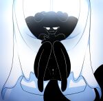 ambiguous_gender anthro anus bent_legs black_body black_fur blush canid canine female fluffy fluffy_hair fur genitals hair hi_res long_tail mammal paws puppysnackz puppysnackz_(character) pussy smug_face solo tail window window_curtains window_light window_sill