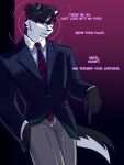 anthro blazer brainwashing canid canine canis clothing dialogue domestic_dog dominant dominant_male dress_pants english_text first_person_view formal_clothing formal_wear gesture hand_gesture hand_in_pocket hi_res husky hypnosis hypnotic_eyes hypnotizing_viewer john_leroux kaijublue khaki_pants leaning_against_wall looking_at_viewer male mammal mind_control necktie nordic_sled_dog pattern_necktie pockets pointing pointing_down smile smirk smug solo spitz standing striped_necktie submissive submissive_pov suit talking_to_viewer text