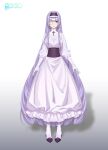  1girl 3di_project bangs breasts dress full_body gradient gradient_background hairband highres large_breasts logo long_hair long_sleeves marcheline official_art puffy_long_sleeves puffy_sleeves purple_hair red_eyes rigu_(3di) shadow solo standing very_long_hair virtual_youtuber white_dress 