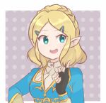  1girl aqua_eyes bangs blonde_hair blue_shirt chocomiru fingerless_gloves gloves hair_ornament hairclip index_finger_raised open_mouth pointy_ears polka_dot polka_dot_background princess_zelda shirt short_hair sidelocks smile solo the_legend_of_zelda the_legend_of_zelda:_breath_of_the_wild upper_body 