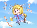  1girl ahoge aki_rosenthal bangs barley_tea blonde_hair blush bottle chibi cloud commentary_request cup detached_hair flapping flying highres holding holding_bottle holding_cup hololive motion_lines necktie open_mouth oyoneko purple_eyes sky smile solo thighhighs virtual_youtuber 