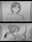  2girls adversarial_noise bare_shoulders between_legs bishoujo_senshi_sailor_moon blush breath choker commentary dress earrings english_commentary female_pov greyscale hair_behind_ear heart highres jewelry kino_makoto kissing_thigh long_hair looking_at_viewer mizuno_ami monochrome multiple_girls parted_lips ponytail pov short_hair single_off_shoulder sleeveless sleeveless_dress spoken_heart stud_earrings ticcy watermark yuri 