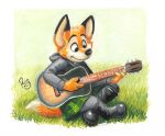  2019 acoustic_guitar anthro black_nose canid canine clothed clothing colored_pencil_(artwork) darma_(rock_dog) female fox fur grass guitar mammal musical_instrument orange_body orange_fur pandapaco plant playing_music plucked_string_instrument rock_dog signature simple_background smile solo string_instrument traditional_media_(artwork) 