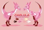anthro bent_over cholula digitigrade dragon female hi_res horn kobold loosefeathers model_sheet mythological_creature mythological_scalie mythology pink raised_tail scalie solo spicy tail text tongue tongue_out