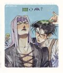  1girl 2boys ? accessories_switch black_hair diamond_wa_kudakenai earrings foo_fighters frown green_eyes green_hair headband jewelry jojo_no_kimyou_na_bouken kishibe_rohan laughing leone_abbacchio long_hair mm_jjba multiple_boys orange_eyes pointing purple_lips short_hair silver_hair stone_ocean suspenders tears vento_aureo 