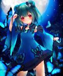  1girl artist_request bangs black_ribbon blue_butterfly bug butterfly dancing detached_sleeves double_bun dress green_hair hair_ornament highres hololive moon moonlight outdoors red_eyes ribbon short_dress solo source_request uruha_rushia virtual_youtuber 