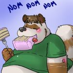  2012 anthro black_nose blush brown_body cake canid canine clothing dessert eating eyes_closed fatyogi food grey_body humanoid_hands low_res male mammal overweight overweight_male raccoon_dog shirt solo tanuki topwear 