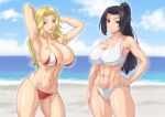  2girls abs armpits arms_behind_head arms_up bangs bare_shoulders beach biceps bikini black_hair blonde_hair blue_sky breasts cleavage closed_mouth cloud collarbone commentary_request commission cowboy_shot day groin hand_on_hip highres large_breasts long_hair looking_at_viewer midriff multiple_girls muscular muscular_female navel ocean original outdoors ozaneko parted_bangs parted_lips ponytail presenting_armpit purple_eyes red_bikini sidelocks skeb_commission skindentation sky smile standing swimsuit white_bikini yellow_eyes 