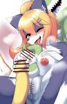 5_fingers absurd_res anthro arbre_(hane) areola balls biped blush bodily_fluids breasts canid canine censored censored_genitalia censored_penis erection female fingers foreskin foursome genital_fluids genitals group group_sex hair hane hi_res humanoid_genitalia humanoid_penis itsuki_(hane) kemono licking male male/female mammal nipples one_eye_closed oral penile penis penis_lick penis_mouth precum purple_canid_(hane) pussy sex shota_fox_(hane) tongue