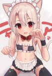  1girl animal_ear_legwear animal_ears apron bandeau bangs bare_shoulders bell black_legwear black_skirt blush bow bowtie breasts cat_ear_legwear cat_ears cat_tail cross-laced_clothes fate/kaleid_liner_prisma_illya fate_(series) frills hair_between_eyes highres illyasviel_von_einzbern jingle_bell long_hair looking_at_viewer maid_headdress miniskirt navel open_mouth pan_korokorosuke paw_pose red_eyes sidelocks sitting skirt small_breasts smile solo tail thighhighs translation_request waist_apron white_apron white_hair wrist_cuffs 