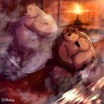  2022 absurd_res anthro balls belly blush canid canine canis domestic_dog duo flaccid genitals hi_res kemono kumajjjj male male/male mammal moobs nipples obese obese_male overweight overweight_male penis sitting steam towel towel_around_neck ursid water 