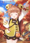  1girl :d ^_^ ^o^ arm_up autumn_leaves bangs bell blue_sky blunt_bangs braid brown_hair building chinese_clothes clenched_hand closed_eyes cloud cloudy_sky commentary_request genshin_impact hair_bell hair_ornament highres leaf long_hair long_sleeves looking_at_viewer maple_leaf pouch sky smile solo tree tutsucha_illust waving yaoyao_(genshin_impact) 
