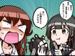  2girls abyssal_ship agano_(kancolle) bangs black_hair blue_background braid brown_hair commentary_request eating emphasis_lines enemy_naval_mine_(kancolle) green_eyes highres kantai_collection long_hair multiple_girls noshiro_(kancolle) sailor_collar school_uniform serafuku shouhou-san_daisuki_teitoku swept_bangs tentacles translation_request twin_braids 