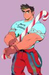  bara biceps black_hair broad_shoulders candy candy_cane christmas facial_hair food gloves highres large_pectorals looking_at_viewer male_focus manly mature_male muscular muscular_male original pants pectoral_cleavage pectorals shirt smile solo spiked_hair stubble t-shirt thick_arms thick_eyebrows thick_thighs thighs tight uleez yellow_eyes 