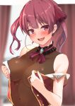  1girl :d absurdres akazawa_kureha ascot bare_shoulders blurry blurry_background blush bodystocking breasts covered_navel fang highres hololive houshou_marine long_hair looking_at_viewer medium_breasts open_mouth red_eyes red_hair smile solo twintails undressing upper_body virtual_youtuber 