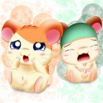  balls bodily_fluids cappy_(hamtaro) clothing cricetid doggy_(pixiv) duo eyes_closed feral fur genital_fluids genitals green_clothing green_hat green_headwear hamster hamtaro hamtaro_(series) hat headgear headwear male mammal open_mouth penis precum rodent tan_balls tan_body tan_fur 