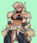  1girl absurdres almeida_(granblue_fantasy) antyobi0720 black_gloves blonde_hair blue_eyes blush breasts cleavage collarbone dark-skinned_female dark_skin earrings eyebrows_visible_through_hair fingerless_gloves gloves granblue_fantasy grin hands_on_hips highres horns jewelry large_breasts long_hair looking_at_viewer navel navel_piercing parted_lips piercing pointy_ears sketch smile solo teeth 