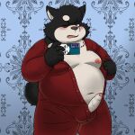  2022 anthro belly black_body blush bulge canid canine canis cellphone domestic_dog erection genitals hi_res humanoid_genitalia humanoid_hands humanoid_penis kemono male mammal moobs navel nipples one_eye_closed overweight overweight_male penis phone sangguri_32 smartphone solo white_body young 