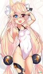  1girl absurdres aiuti animal_ears blonde_hair blue_eyes breasts cat_ears clothes_writing competition_swimsuit covered_navel cowboy_shot fang g41_(girls&#039;_frontline) girls&#039;_frontline hair_ribbon heterochromia highleg highleg_swimsuit highres long_hair looking_at_viewer low-tied_long_hair one-piece_swimsuit paw_pose red_eyes ribbon skin_fang small_breasts smile solo standing swimsuit thigh_gap very_long_hair white_ribbon white_swimsuit zoom_layer 