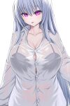  1girl asamura_hiori bra_visible_through_clothes breasts button_gap cleavage highres huge_breasts long_hair looking_at_viewer original purple_eyes see-through shirt silver_hair solo taut_clothes taut_shirt tight tight_shirt upper_body wet wet_clothes wet_hair wet_shirt white_shirt 