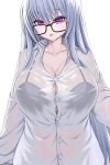  1girl asamura_hiori bra_visible_through_clothes breasts button_gap cleavage glasses highres huge_breasts long_hair looking_at_viewer original purple_eyes see-through shirt silver_hair solo taut_clothes taut_shirt tight tight_shirt upper_body wet wet_clothes wet_hair wet_shirt white_shirt 
