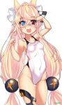  1girl absurdres aiuti animal_ears blonde_hair blue_eyes breasts cat_ears clothes_writing competition_swimsuit covered_navel cowboy_shot fang g41_(girls&#039;_frontline) girls&#039;_frontline hair_ribbon heterochromia highleg highleg_swimsuit highres long_hair looking_at_viewer low-tied_long_hair one-piece_swimsuit paw_pose red_eyes ribbon simple_background skin_fang small_breasts smile solo standing swimsuit thigh_gap very_long_hair white_background white_ribbon white_swimsuit zoom_layer 
