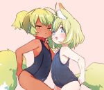 2girls animal_collar animal_ear_fluff animal_ears bangs bare_arms bare_shoulders belly blonde_hair blue_eyes blue_swimsuit blush collar commentary_request covered_navel dark-skinned_female dark_skin dog_ears dog_girl dog_tail done_(donezumi) eyebrows_visible_through_hair fang flat_chest fox_ears fox_tail green_hair half-closed_eyes light_green_hair looking_at_viewer multiple_girls old_school_swimsuit one-piece_swimsuit open_mouth original pink_background red_collar school_swimsuit short_hair swimsuit tail thick_eyebrows wet 