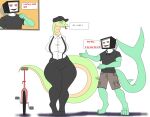  anthro breasts clothed clothing dialogue duo fanarts female fish flexet_(photolol.03) hi_res looking_at_viewer lucy_swallows male male/female marine photolol.03 reptile scalie shark simple_background snake text thick_thighs trash wide_hips 