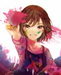  1girl aryuma772 bangs brown_eyes brown_hair character_request collarbone grin hair_between_eyes highres holding looking_at_viewer paint_splatter paint_splatter_on_face pink_shirt shirt short_hair smile solo straight_hair upper_body 