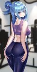  1girl absurdres aqua_(konosuba) ass blue_eyes blue_hair breasts commentary_request exercise_machine eyebrows_visible_through_hair focused from_behind gym hair_ornament hair_rings hanasaka_houcha highres indoors kono_subarashii_sekai_ni_shukufuku_wo! long_hair looking_at_viewer looking_back pants solo sports_bra sportswear steaming_body sweat yoga_pants 