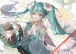  1girl absurdres bare_shoulders blue_eyes blue_hair detached_sleeves hair_ornament hatsune_miku highres long_hair looking_at_viewer necktie open_mouth oyuyu shirt skirt sleeveless smile solo twintails very_long_hair vocaloid white_background 
