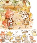 2boys animal_ears backpack bag bangs black_pants blonde_hair boots brown_coat brown_pants cat_boy cat_ears cat_tail chibi coat cooking flower granblue_fantasy green_eyes kaisousan looking_at_another male_focus multiple_boys open_clothes open_coat open_mouth pants percival_(granblue_fantasy) red_eyes red_hair shirt short_hair shoulder_bag smile tail translation_request vane_(granblue_fantasy) white_shirt 