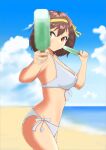  1girl absurdres bangs beach bikini blue_sky blurry blurry_background breasts brown_eyes brown_hair cleavage closed_mouth cloud commentary_request depth_of_field eyebrows_visible_through_hair food hair_between_eyes hair_ribbon hairband highres holding large_breasts looking_at_viewer looking_to_the_side mintchoco_(minchothudong) outdoors popsicle ribbon shiny short_hair sky suzumiya_haruhi suzumiya_haruhi_no_yuuutsu swimsuit water white_bikini yellow_hairband yellow_ribbon 