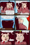  2017 4_fingers anthro business_suit cel_shading chair clothed clothing comic desk dialogue domestic_pig earpiece english_text exclamation_point fingers frustrated fur furniture hi_res hoggish_mcgheed hooved_fingers hooves humanoid_hands male mammal office office_chair offscreen_character page_number pink_body pink_skin shaded signature sitting solo speech_bubble strikersa suid suina suit surprise sus_(pig) table text yellow_eyes 