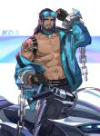  abs absurdres bara bare_pectorals beard biceps bicycle black_hair blue_eyes body_hair broad_shoulders chain chest_hair collar facial_hair glasses gloves ground_vehicle highres jacket large_pectorals league_of_legends long_hair looking_at_viewer male_focus manly mature_male muscular muscular_male navel navel_hair nipples open_clothes open_jacket pants pectoral_cleavage pectorals sideburns solo sylas_(league_of_legends) tattoo tengo_(maotengo) thick_arms yaoi 