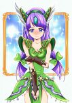  1girl alternate_costume armor bangs blue_eyes blush bow breasts bridal_gauntlets cleavage closed_mouth cowboy_shot dress embarrassed eyebrows_visible_through_hair green_bow green_dress hair_bow kaguya_madoka komatsu_mikako long_hair looking_at_viewer medium_breasts precure purple_hair riesz seiken_densetsu seiken_densetsu_3 shiny shiny_hair short_dress shoulder_armor sleeveless sleeveless_dress solo standing star_twinkle_precure tomo5656ky very_long_hair voice_actor_connection 