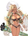  1girl :d almeida_(granblue_fantasy) bag bangs beach_umbrella beret bikini black_bikini blonde_hair breasts choker cleavage cleavage_cutout clothing_cutout collarbone collared_shirt commentary cowboy_shot dark_skin dolphin_earrings draph earrings granblue_fantasy green_shirt hair_between_eyes hand_on_hip hand_up hat highres holding holding_bag horns jewelry large_breasts long_hair long_sleeves looking_at_viewer low_twintails midriff mou_pl navel navel_piercing official_alternate_costume open_mouth piercing pointy_ears red_choker ribbon_choker shirt sidelocks simple_background smile solo standing swimsuit teeth tied_shirt twintails umbrella very_long_hair white_background white_headwear wrist_wrap 