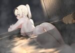  1girl ass back bar_censor bathing blonde_hair blue_eyes blush breasts censored commentary_request completely_nude crossed_arms from_behind gishu hand_on_own_arm hololive kazama_iroha large_breasts looking_at_viewer looking_back medium_hair nipples nude onsen partially_submerged pokobee ponytail reward_available steam thighs virtual_youtuber water wet 