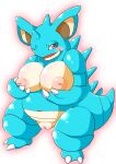  absurd_res anthro big_breasts blue_body blush breasts female genitals hi_res holding_breast navel nidoqueen nintendo one_eye_closed overweight overweight_female pipipipeace pok&eacute;mon pok&eacute;mon_(species) pussy solo tan_body video_games 