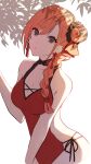  1girl arisugawa_natsuha bare_shoulders black_eyes braid breasts casual_one-piece_swimsuit cleavage earrings eyebrows_visible_through_hair hair_bun highres idolmaster idolmaster_shiny_colors jewelry long_hair looking_at_viewer medium_breasts one-piece_swimsuit orange_hair red_swimsuit shadow side-tie_swimsuit simple_background single_braid solo soppppphie swimsuit tassel tassel_earrings white_background 