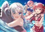  3girls arm_behind_head arm_up bare_arms bare_shoulders bikini blue_bikini blue_eyes blue_hair blue_sky breasts cleavage cloud commentary copyright_name day english_commentary gawr_gura grey_hair heterochromia highres hilamaru hololive hololive_english houshou_marine long_hair marine_day medium_breasts minato_aqua multicolored_hair multiple_girls object_hug outdoors partially_submerged pink_hair purple_eyes red_bikini red_eyes red_hair sarong sky standing streaked_hair swimsuit twintails very_long_hair water yellow_eyes 