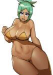  1girl absurdres angry bikini breasts cerebella_(skullgirls) collarbone dark-skinned_female dark_skin doublehero english_commentary eyeshadow green_lips highres large_breasts makeup navel open_mouth ponytail skullgirls solo swimsuit thick_thighs thighs white_background wide_hips 