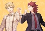  2boys bangs belt black_belt black_jacket blonde_hair bow bowtie collared_shirt cuffs granblue_fantasy green_eyes grey_shirt handcuffs jacket looking_at_another male_focus multiple_boys necktie ono_(0_no) open_clothes open_jacket open_mouth percival_(granblue_fantasy) red_eyes red_hair shared_handcuffs shirt short_hair suspenders upper_body vane_(granblue_fantasy) white_shirt 