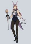  1girl alternate_costume animal_ears artist_name bangs bare_shoulders breasts cherche_(fire_emblem) cleavage cm_lynarc fake_animal_ears fire_emblem fire_emblem_awakening full_body gloves highres holding leotard long_hair looking_at_viewer pantyhose pink_eyes pink_hair rabbit_ears sleeveless solo white_gloves 