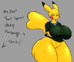  ? annoyed anthro arms_under_breasts bead_necklace big_breasts bottomless breasts clothed clothing crossed_arms dipstick_ears english_text exclamation_point female frown huge_breasts huge_hips huge_thighs kingfurryjion multicolored_ears narrowed_eyes nintendo offscreen_character pikachu pok&eacute;mon pok&eacute;mon_(species) shirt solo text thick_thighs topwear video_games wide_hips yellow_body yellow_eyes 