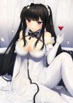  1girl azur_lane bangs bare_shoulders black_bow black_bowtie black_hair blunt_bangs blush bow bowtie breasts cleavage cocktail_glass cup detached_collar dress drinking_glass elbow_gloves flower gloves hair_ornament highres hime_cut lace-trimmed_dress lace_trim large_breasts long_hair looking_at_viewer nori_aji official_alternate_costume peter_strasser_(a_moment_frozen_in_pure_white)_(azur_lane) peter_strasser_(azur_lane) purple_eyes rose see-through_dress smile solo twintails white_dress white_flower white_gloves white_legwear white_rose 