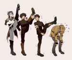  4boys ace_attorney barok_van_zieks black_footwear black_hair boots fingerless_gloves gloves hat herlock_sholmes highres japanese_clothes kazuma_asogi kirvias_(kirvia) leg_up multiple_boys ryunosuke_naruhodo short_hair simple_background the_great_ace_attorney 