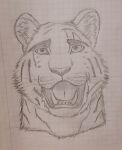  absurd_res animal_humanoid anthro felid felid_humanoid feline feline_humanoid feral hi_res humanoid looking_at_viewer male mammal mammal_humanoid notebook_paper_background open_mouth pantherine semi_realism sketch solo teeth teeth_showing teeth_visible tiger tongue traditional_media_(artwork) 