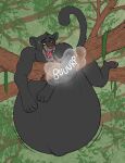  2022 bagheera_(jungle_book) belly big_belly bodily_fluids branch broken_branch burp_cloud burping disney eggo21 fangs felid feral fur half-closed_eyes hanging_belly hi_res hyper hyper_belly looking_away lying male mammal narrowed_eyes nude obese obese_feral obese_male on_front open_mouth outside overweight overweight_feral overweight_male pantherine paws raised_tail solo sweat sweatdrop text the_jungle_book tongue yellow_eyes 