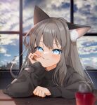  1girl animal_ear_fluff animal_ears bangs black_sweater blush cat_ears cloud cup eyebrows_visible_through_hair gotou_(nekocat) grey_hair head_rest highres indoors light_blue_eyes long_hair looking_at_viewer mug original sky smile solo sweater window 